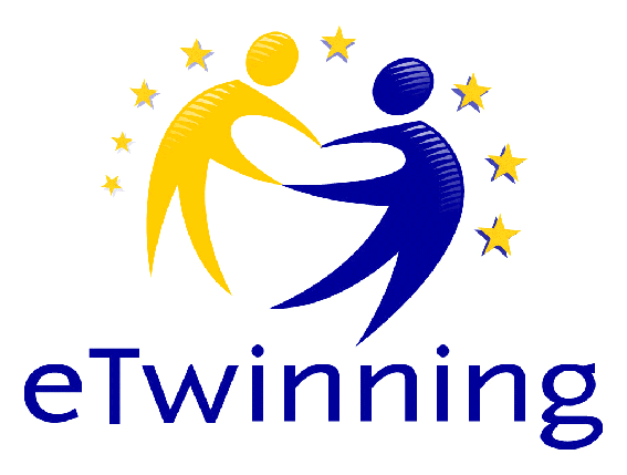 Logo eTwinning: Zwei abstrakte Personen, die Hände halten. Sterne umgeben die Personen. Darunter das Wort "eTwinning".