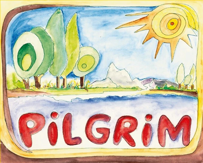 Logo des internationalen Bildungsnetzwerks Pilgrim: Eine gezeichnete Landschaft mit dem Wort Pilgrim darin.